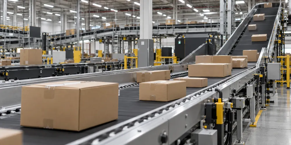 AI-generated illustrative parcel sorting facility; not a UPS location or a photograph of its operations.