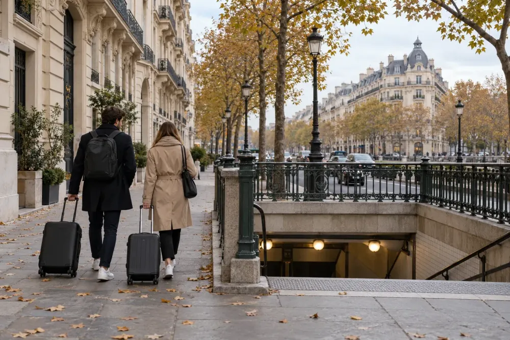AI-generated illustrative scene of two travelers with luggage beside an underground stairway on a Paris-style street; not a photograph of the October 31 events.