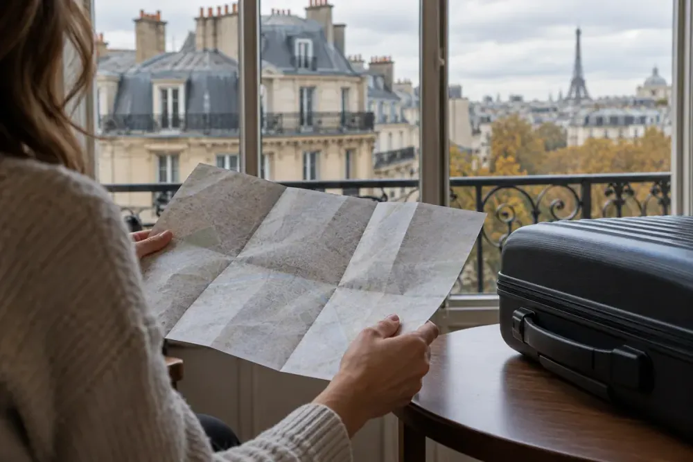 AI-generated illustrative image of a traveler reviewing a map beside luggage in a Paris hotel room.