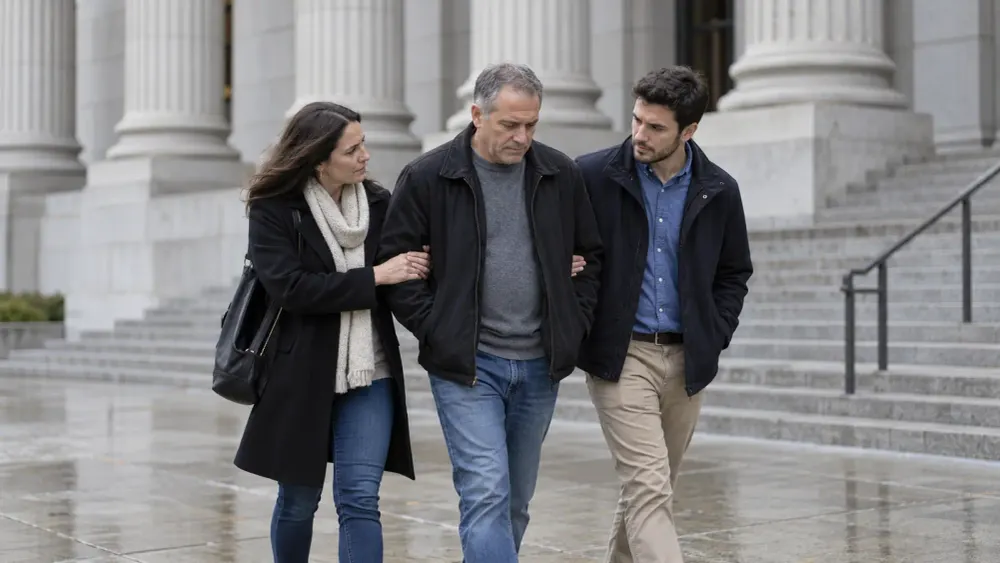 A man in everyday clothes walks with family supporters outside a federal courthouse in natural daylight, representing the uncertainty surrounding compassionate release.