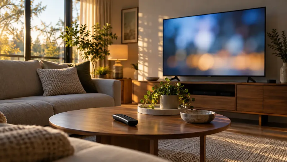 AI-generated illustrative living room with a television and remote control