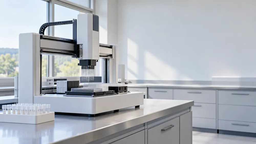 AI-generated editorial illustration of an empty generic laboratory with automated sample-handling equipment; not a photograph of Merck’s ADVANCE facility.