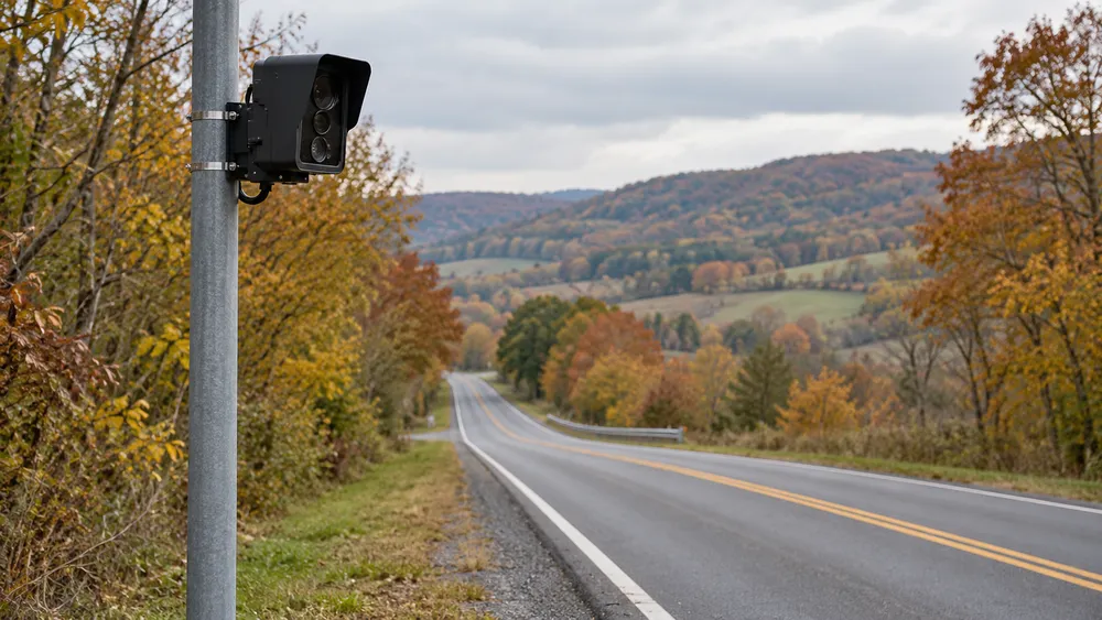 AI-generated illustrative roadside camera on a pole beside a tree-lined Pennsylvania-style road; not an actual installation, vendor product or legislative event.