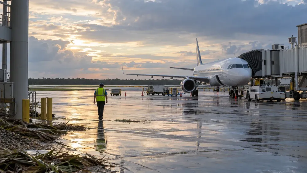 Uma imagem ilustrativa de um funcionário do aeroporto a inspecionar um pátio molhado junto a uma aeronave sem identificação após uma tempestade na costa do Golfo do México.