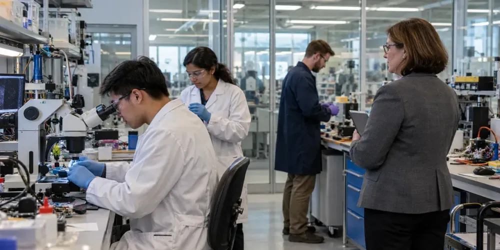 Researchers work in a university engineering laboratory while a compliance officer reviews the facility.
