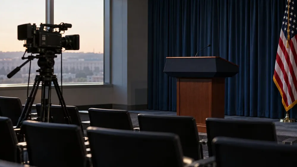 An unlit television camera faces an empty military briefing room lectern.