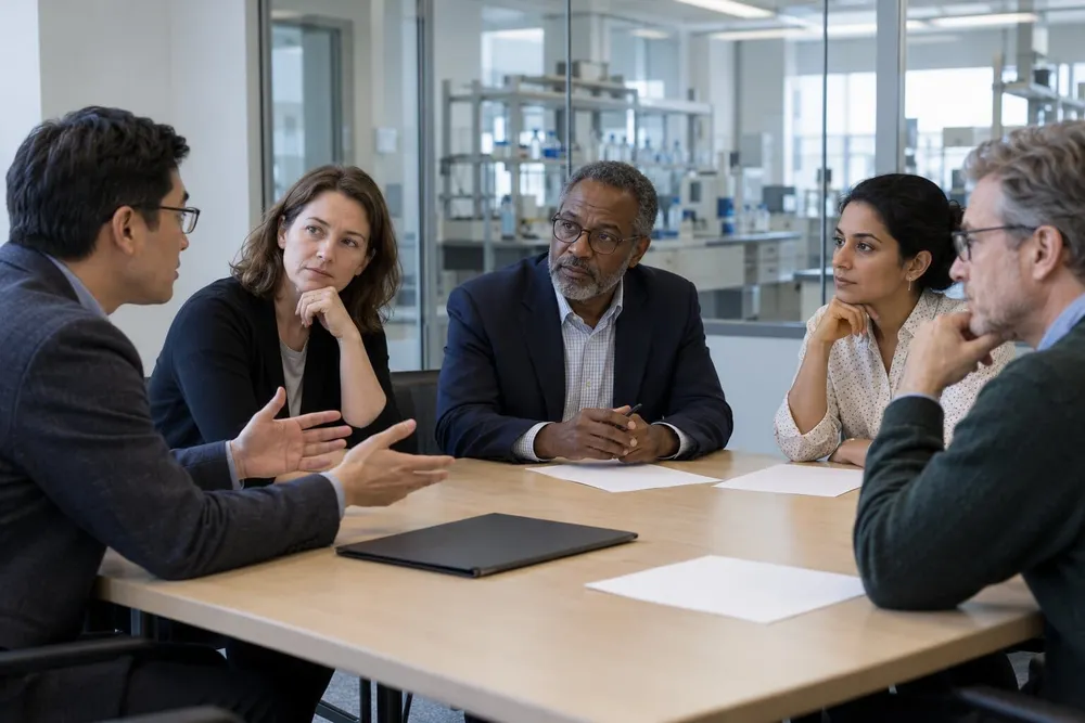 University research administrators and faculty meet in a conference room beside an academic laboratory.