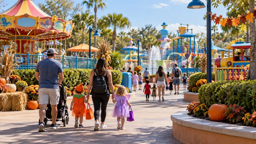 Parents and young children walk through a generic preschool amusement park decorated for Halloween.