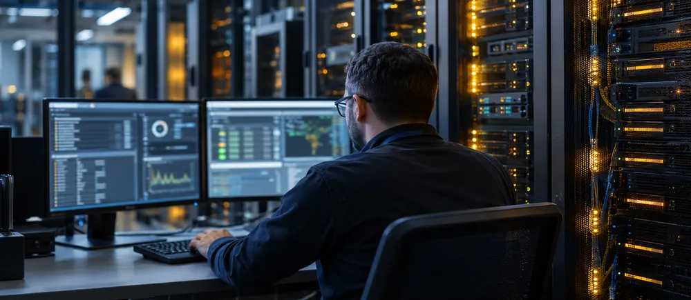 A systems administrator monitors servers during an urgent cybersecurity response in a modern data center.