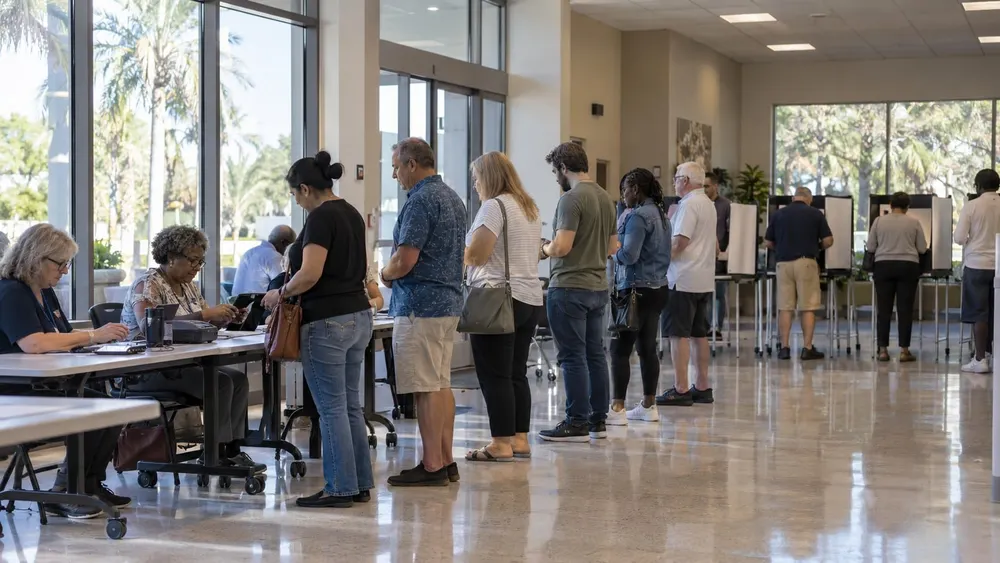 Voters wait in an orderly line at a Florida early-voting location.