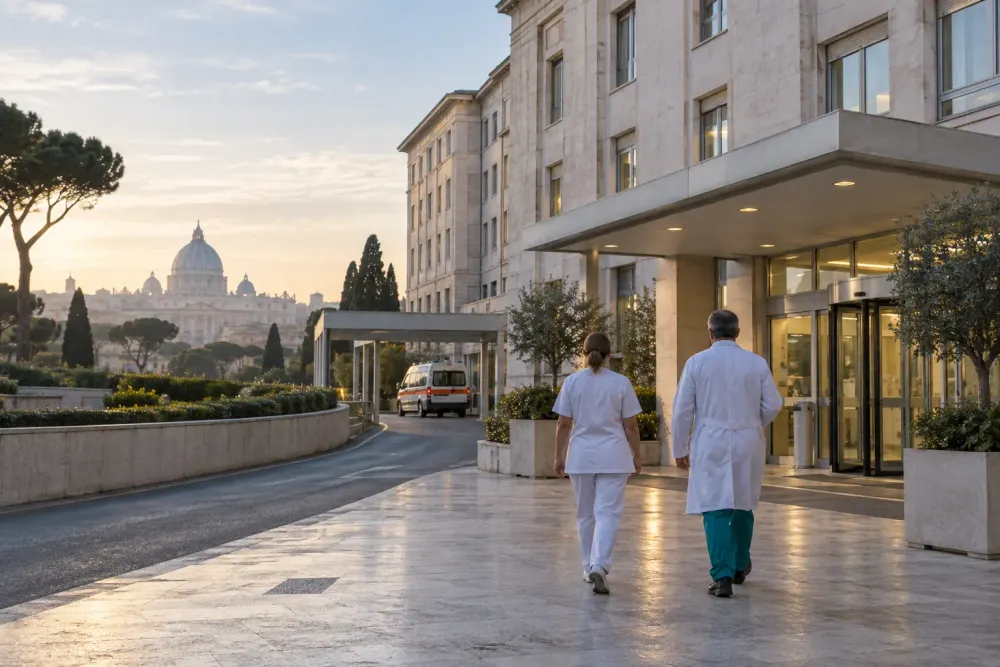 AI-generated editorial view of hospital staff outside a Rome hospital at dawn, with St. Peter’s Basilica in the distance.