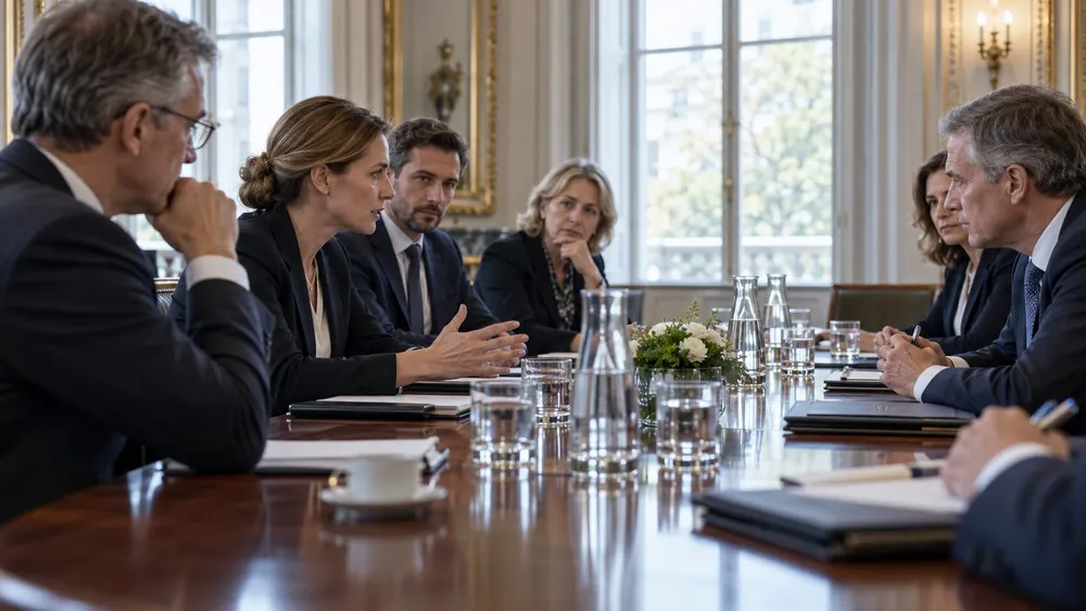Photorealistic editorial concept of anonymous diplomats in a formal international meeting