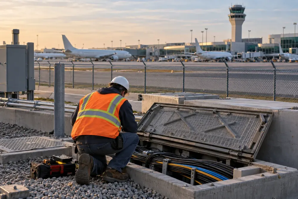 AI-generated editorial scene of a utility technician inspecting communications cables near a generic airport terminal and control tower.