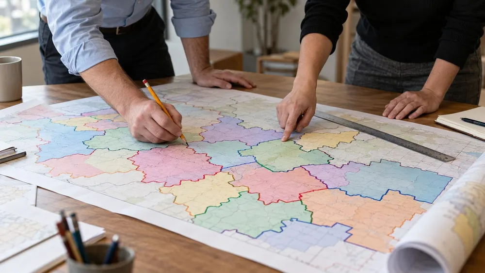 Two anonymous analysts review an unlabeled congressional-style district map in an illustrative civic planning workspace.