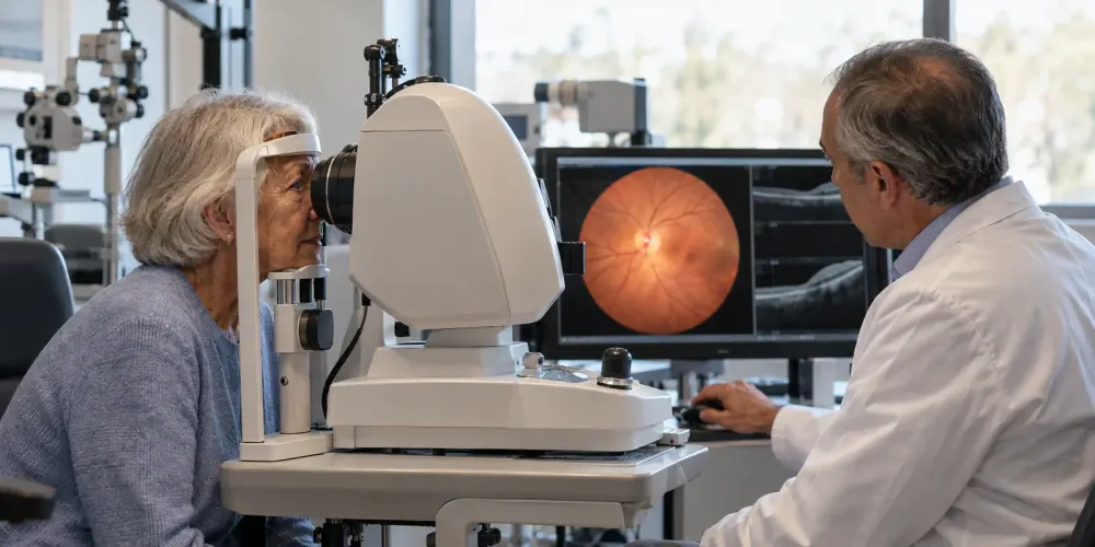 An older patient undergoes retinal imaging while an ophthalmologist reviews the examination in an eye clinic.