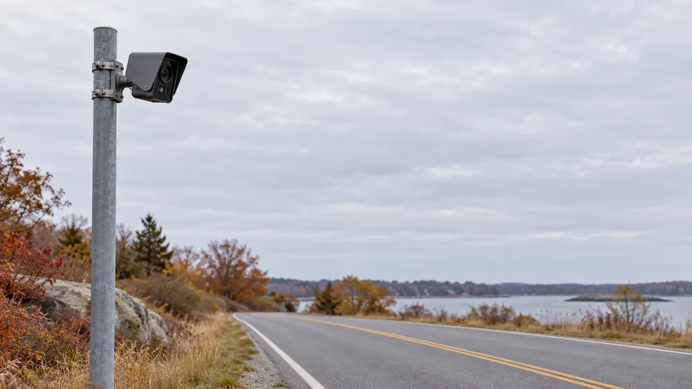 AI-generated editorial illustration of a generic roadside camera beside an empty New England road; not a photograph of a Rhode Island installation or a specific vendor’s device.