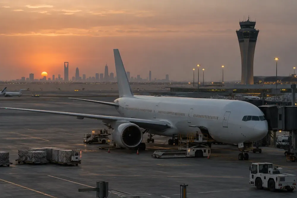 Isang pampasaherong eroplano na walang tatak ang nakaparada sa isang modernong apron sa paliparan sa lugar ng Riyadh noong dapit-hapon
