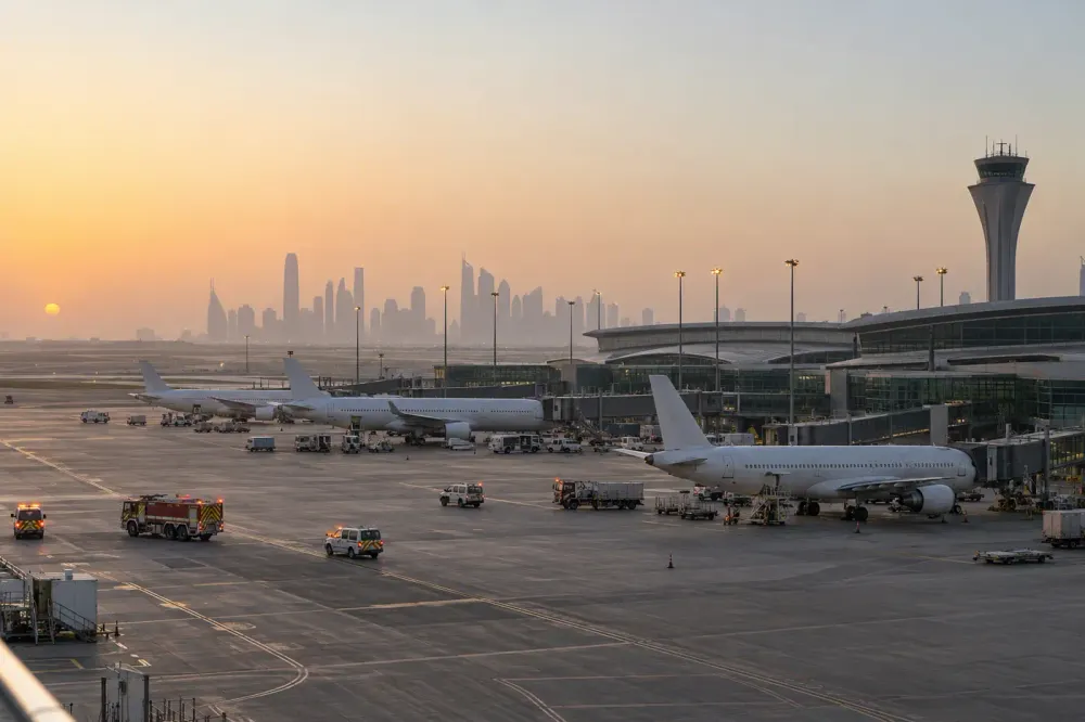 Ao amanhecer, os aviões de passageiros permanecem estacionados num pátio de aeroporto tranquilo, enquanto os veículos de emergência estão nas proximidades, ilustrando a interrupção no aeroporto internacional de Riade.