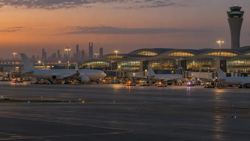 Aeronaves de passageiros paradas num moderno terminal do aeroporto de Riade ao entardecer, enquanto veículos de emergência aguardam no pátio.