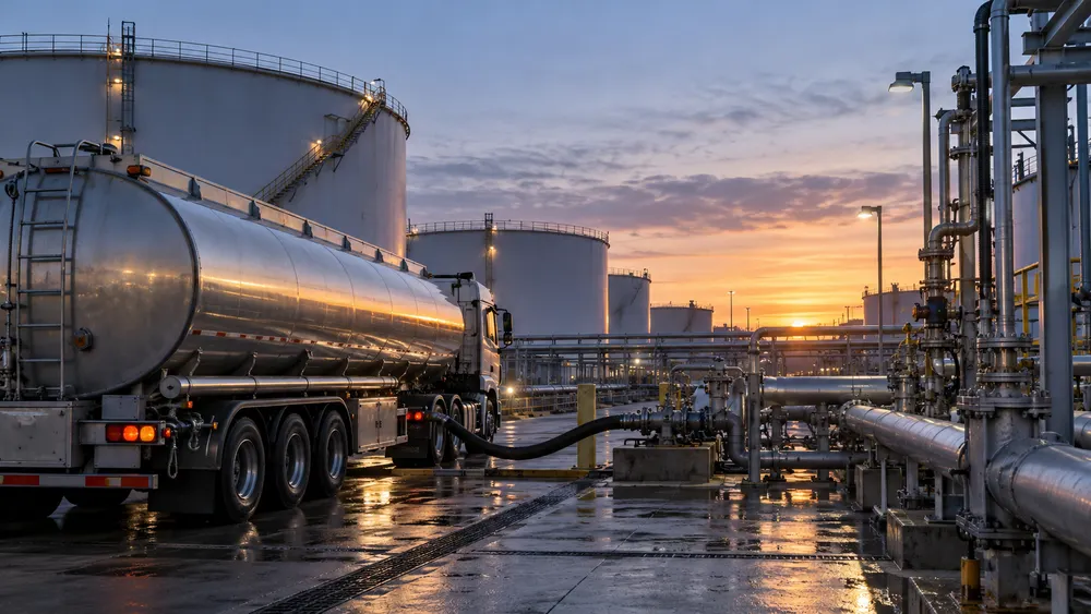 Camião-cisterna de diesel sem identificação num terminal de combustíveis antes do amanhecer