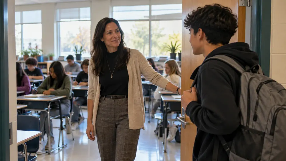 A high school teacher welcomes a student arriving at a classroom doorway as classmates work inside.