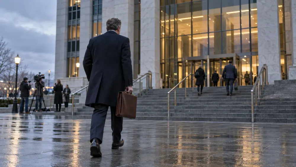 An attorney carrying a portfolio approaches a modern federal courthouse on a rainy morning.