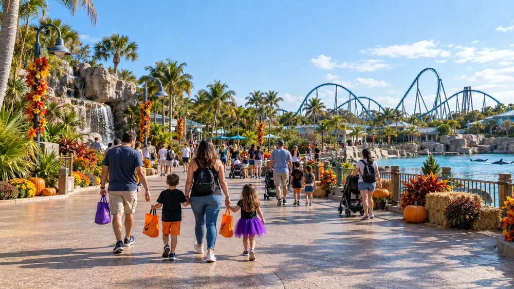 Families walk through a generic Florida marine-life theme park decorated for autumn.