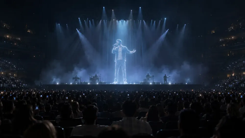 Isang hindi nagpapakilalang digital performer na naka-project sa itaas ng entablado ng konsiyerto sa harap ng mga manonood sa arena, na naglalarawan ng isang hologram tour