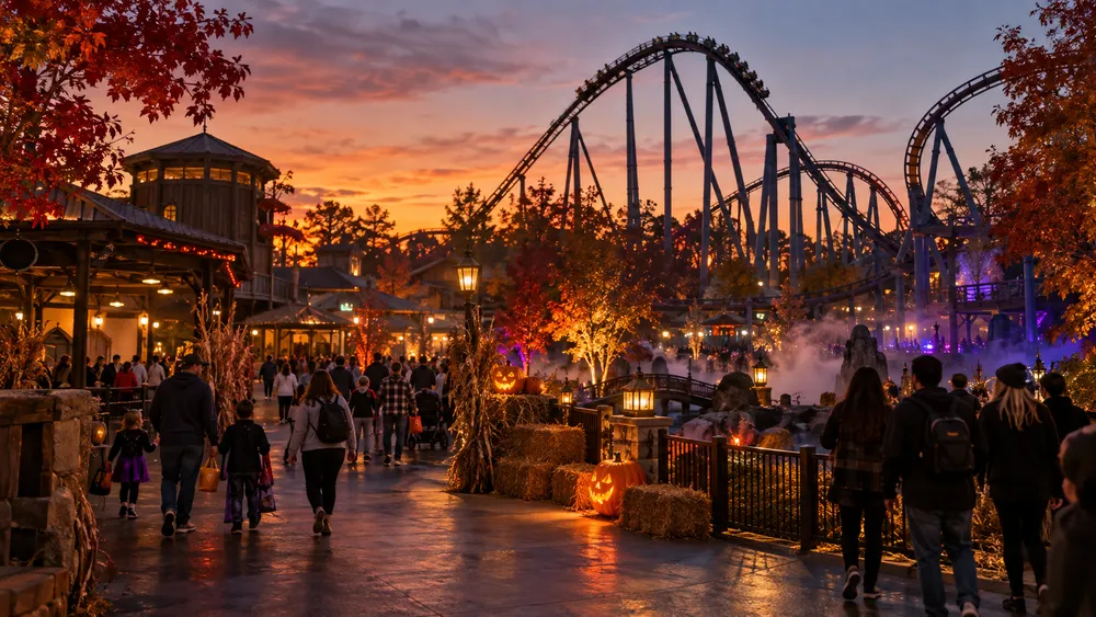 Visitors walk through a generic Georgia amusement park decorated for a fall Halloween evening.