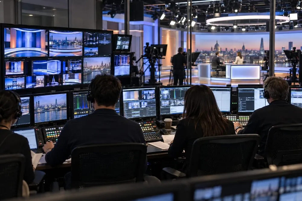 Broadcast production staff work in a television control room overlooking a modern studio