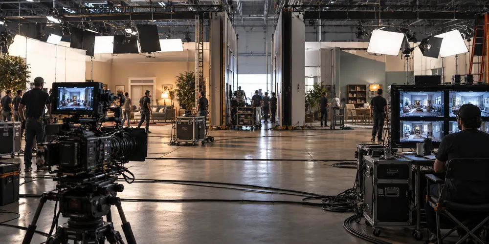 Duas unidades de produção cinematográfica adjacentes e sem marca, a funcionar dentro de um grande estúdio de som profissional