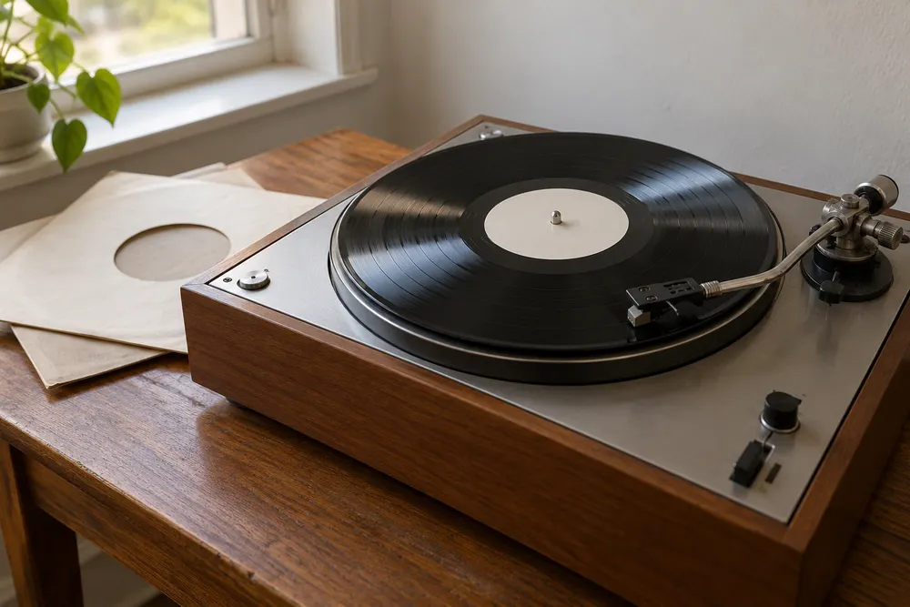 AI-generated illustrative image of an unbranded record player and plain record sleeves in natural light; not a photograph of the disputed recording.