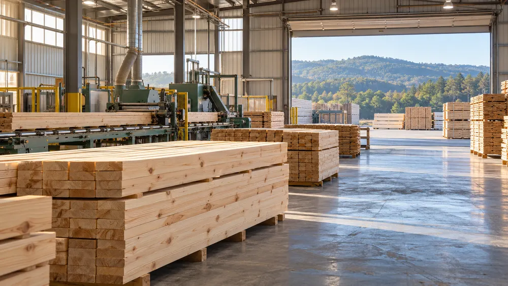 Stacks of pine boards inside a generic South Carolina wood-products manufacturing facility.