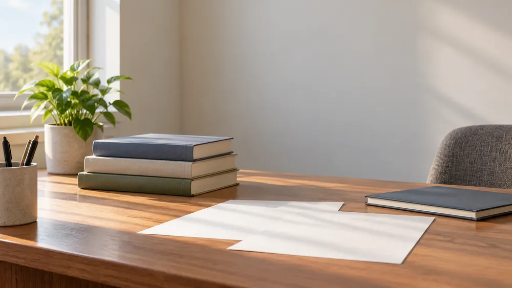 AI-generated editorial illustration of books, a notebook and blank administrative papers on a school-office desk; not a photograph of an applicant or South Carolina agency.