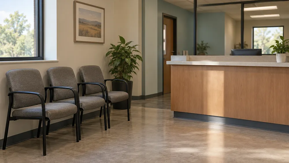 AI-generated illustration of an empty, generic public-service office waiting area; not a photograph of a South Dakota government office or the officials named in this report.