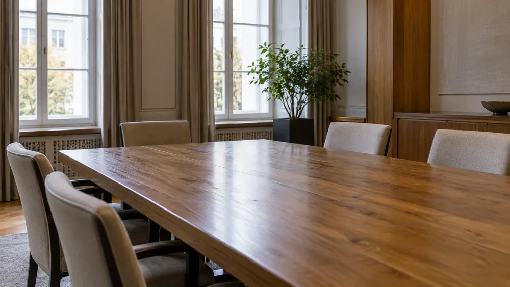 AI-generated illustrative view of an empty diplomatic meeting room, not an actual embassy or meeting.