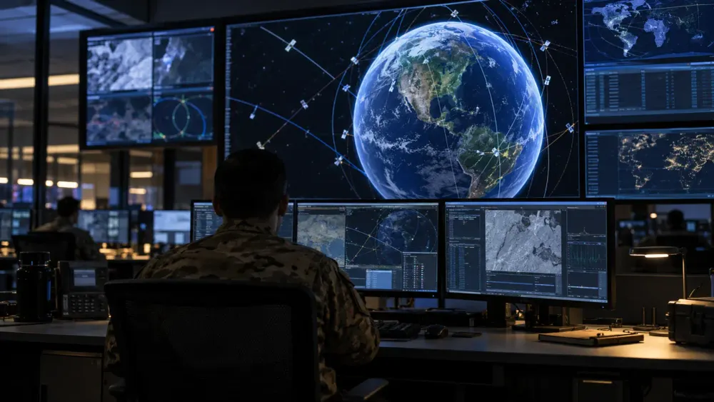 Defense communications analyst monitoring satellite networks in an operations center