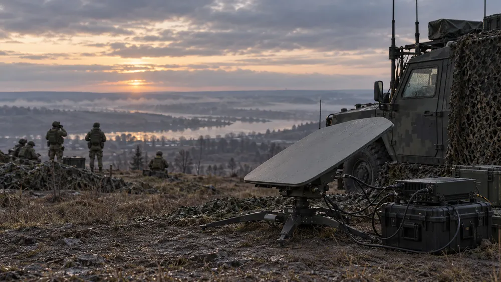 Military satellite communications terminal beside a camouflaged command vehicle at dawn