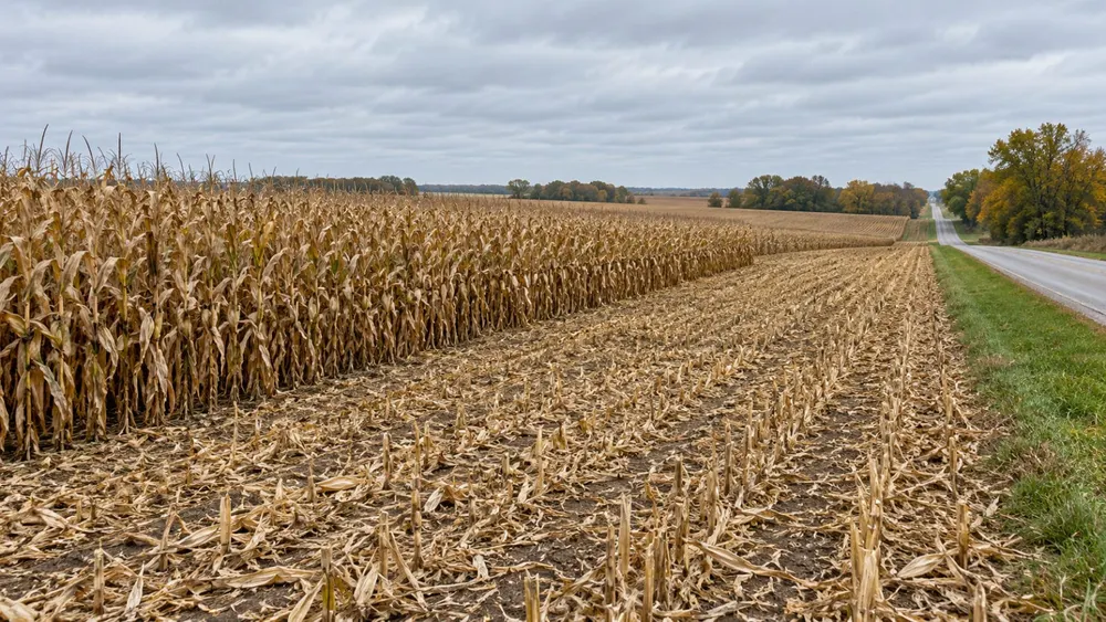 AI-generated illustration of harvested and standing corn beside a rural road; not a photograph of a specific Iowa farm or current event.