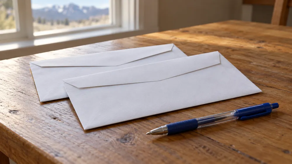 AI-generated illustration of plain envelopes and a pen on a table; not actual Montana ballots or official election materials.
