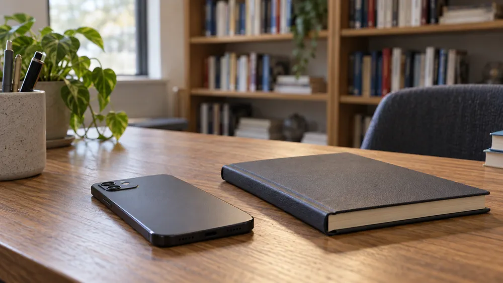 AI-generated illustration of an unbranded phone and notebook on a generic research desk; not Rutgers facilities or an actual event.