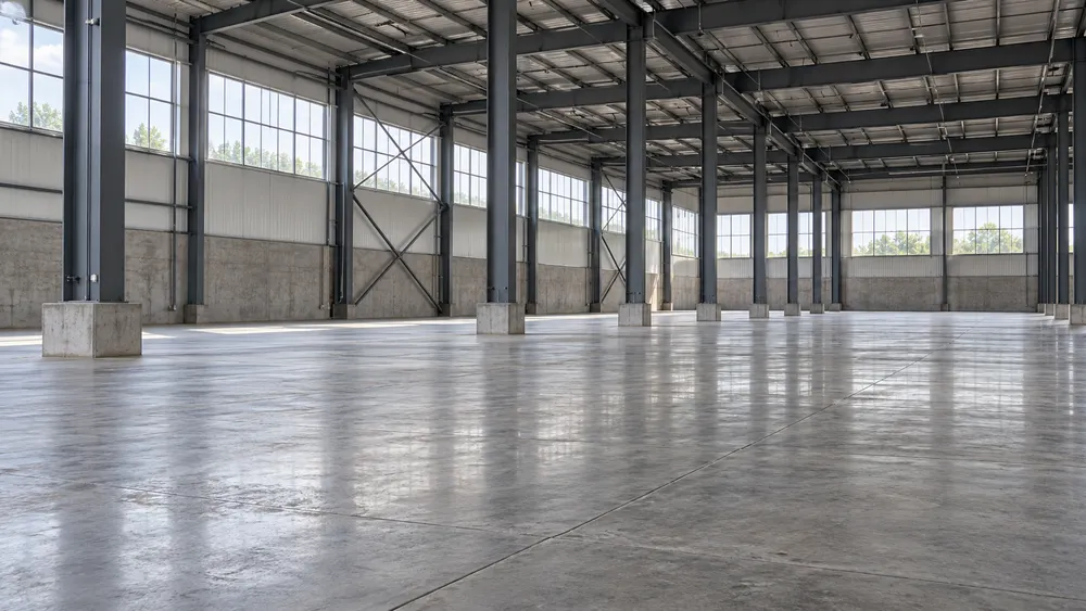 AI-generated illustration of a generic vacant industrial warehouse; not Eastman Business Park or the proposed Phoenix Tailings facility.