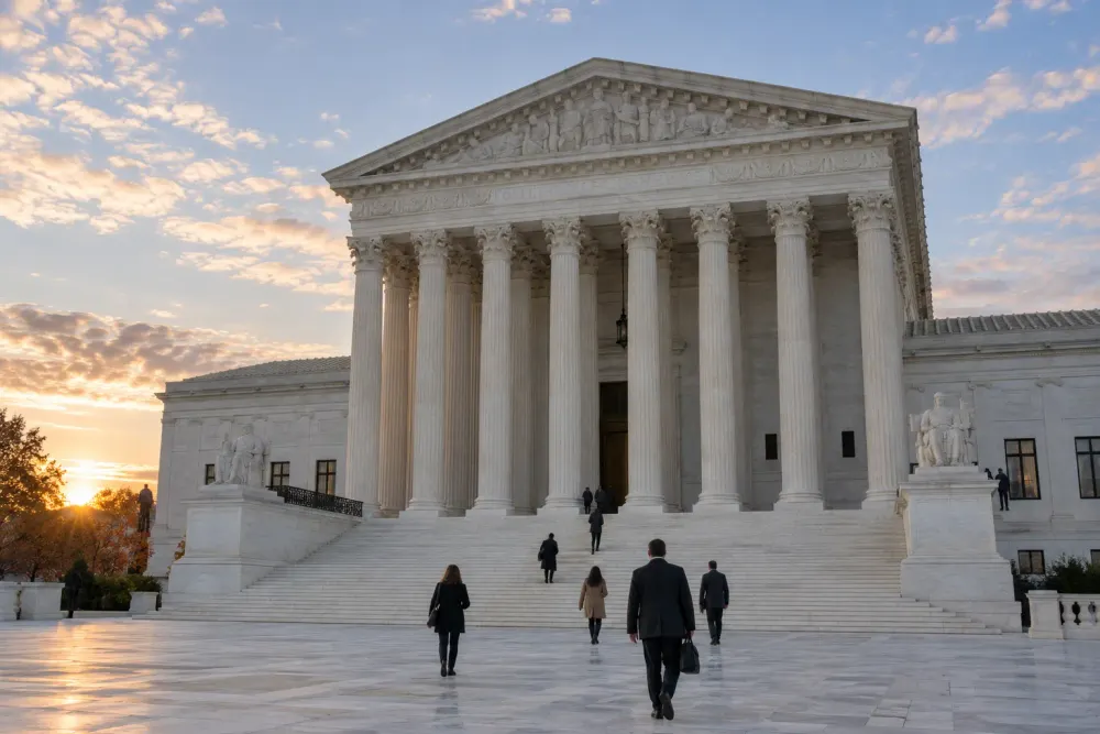 United States Supreme Court building at sunrise as people approach its marble steps