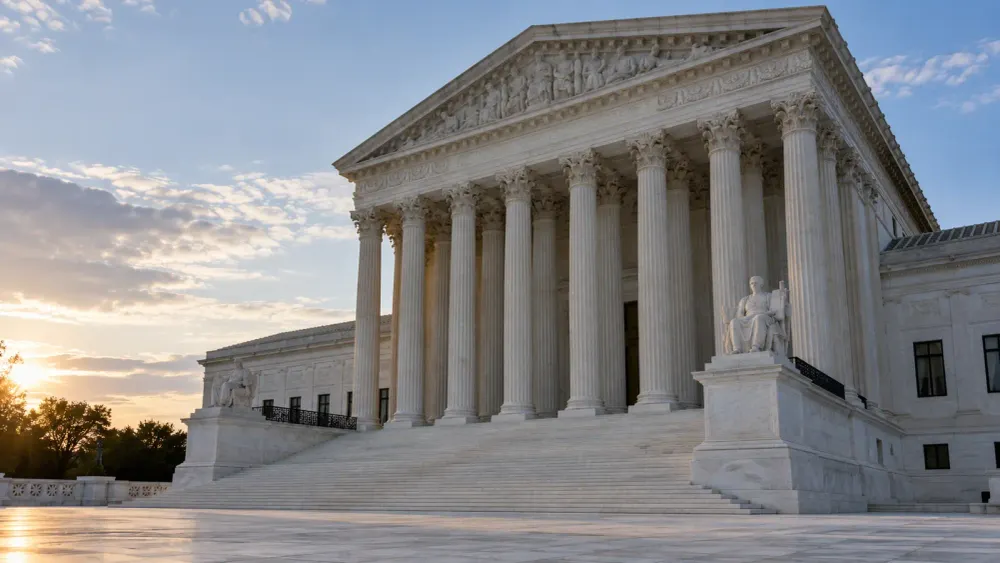 Empty marble courthouse steps and columns represent the Supreme Court’s immigration detention case.