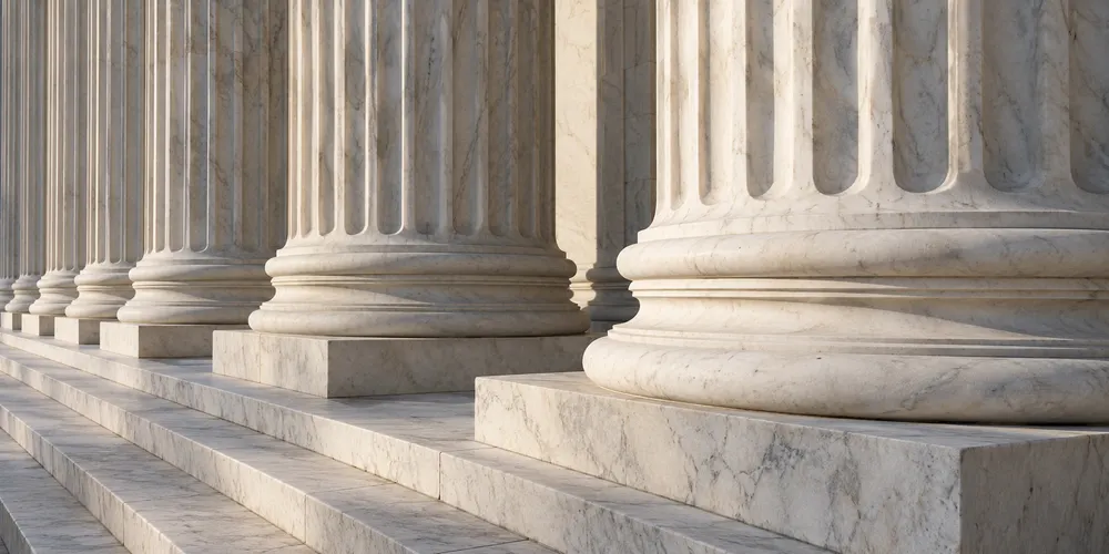 AI-generated illustrative view of pale stone courthouse columns in natural daylight; not a photograph of the Wilcox proceedings.