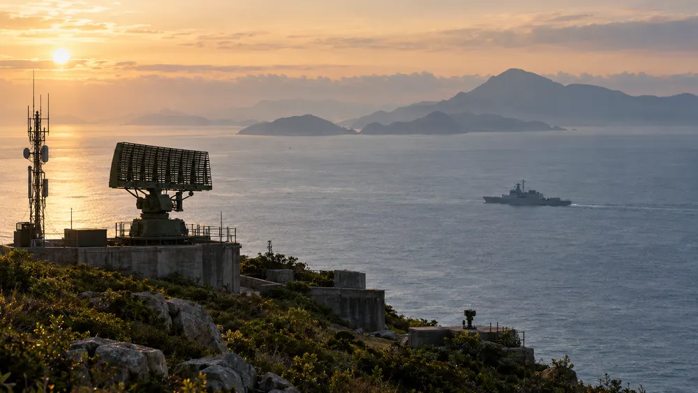 Radar de defesa costeira com vista para uma embarcação de patrulha ao nascer do sol
