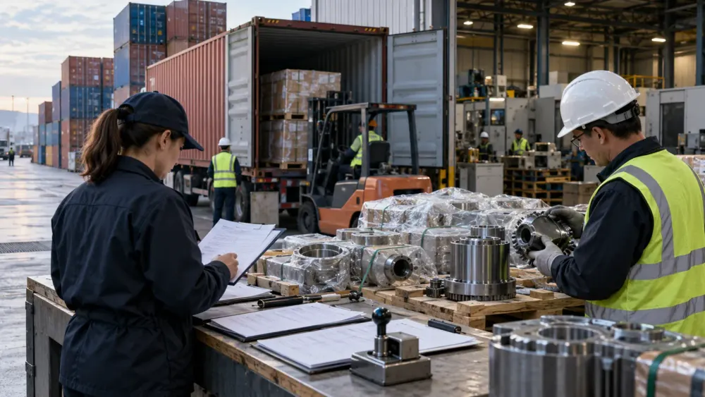 Workers review unbranded imported machine components beside shipping containers and factory equipment at an industrial loading dock.