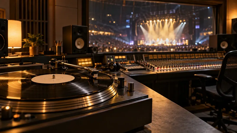 Unbranded vinyl record and mixing console in a recording studio overlooking a softly lit concert stage