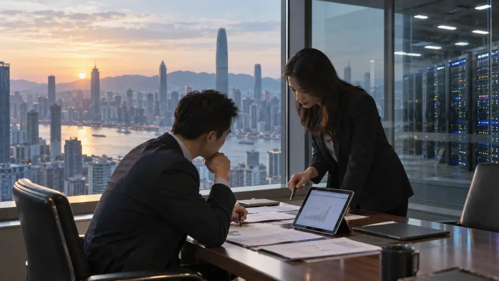 Financial professionals review bond-market information in a modern office overlooking an East Asian city and data center.