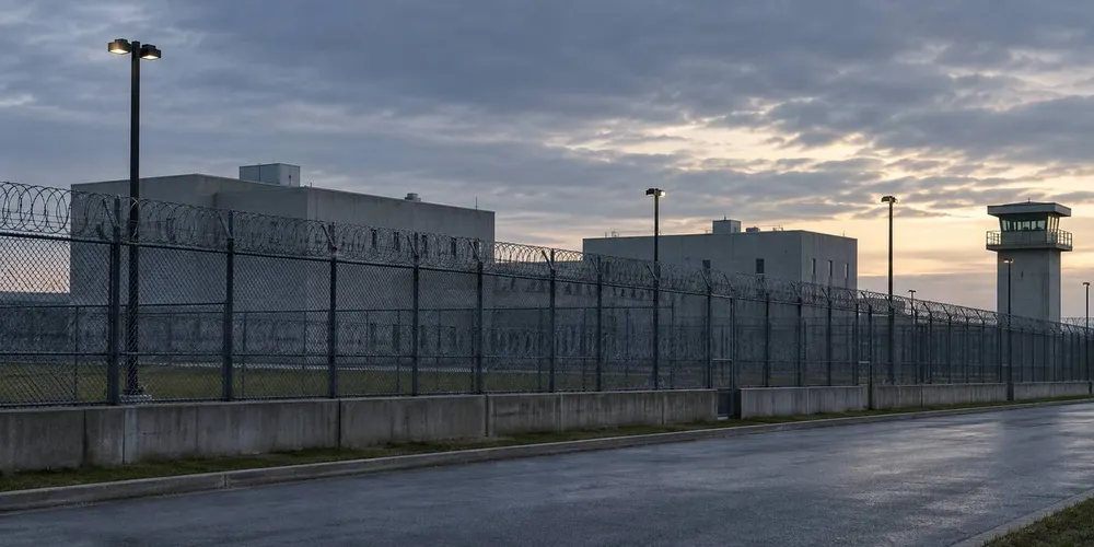 Illustrative view of an empty correctional facility perimeter under a subdued early-morning sky.